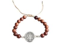 lulucross St. Benedict Protection Bracelet, Natural Wood Bead Catholic Bracelet with Adjustable Cord, Religious Prayer Bracelet with Saint Benedict Medal