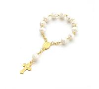 lulucross White Pearl One Decade Rosary Bracelet with Gold-Tone Crucifix | Catholic Prayer Beads for Women | First Communion, Baptism & Confirmation Gift, 1-1/2 Inch, 2 Inch, metal, plastic, Plastic