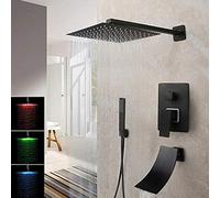 LULUMAIC 10 Inch Matte Black Shower Faucet Tub Led Bathtub Rain Square Shower Head Waterfall Spray Shower Faucet Set