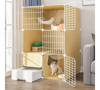 LULUMAIC Cat Cage, Cat Kennel,Outdoor Cat Enclosures,Cat Playpen, Small Animal Cages with Door and Closed Cat Litter Box Anti-Odor Splash Sand for Kitten, Bunny, Chinchilla,Yellow-a-75 * 49 * 111CM