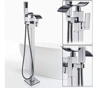 LULUMAIC Floor Mounted Waterfall Spout Tub Mixer Faucet Black Bronze Bathroom Bath Shower Set with Handshower Freestanding Bathtub Tap,Chrome Tub Faucet