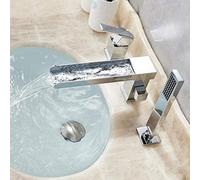 LULUMAIC Long Spout Waterfall Bathtub Faucet Widespread Chrome Tub Mixer Faucet Deck Mounted 3 Holes Waterfall Bath Shower Set Handshower