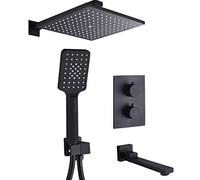 LULUMAIC Shower System, Brass Thermostatic Faucets Black with 8-12 Inch Bathroom Rain Shower Diverter Tub Taps Set and Handheld Shower, Wall Mounted Luxury, 8 inch