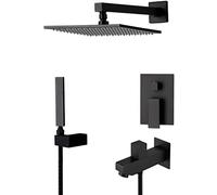 LULUMAIC Shower System, Wall Mounted Brass Black Bathroom Shower Faucet System with 8-12" Square Brass Shower Head and Handheld Shower and Tub Taps, Shower Set,12 inch Interesting li