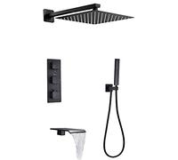 LULUMAIC Thermostatic Shower System with Waterfall Tub Spout Black Shower Faucet Set Wall Mounted Shower Head System with Handheld Shower Set Rain Mixer Shower Combo Set,10 inches