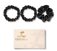 LULUSILK Black Silk Scrunchies for Hair Sleep, 100% Real Mulberry Silk, No Damage Hair Ties for Women and Girls, Pack of 3