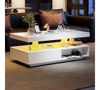 LULUWA Led Coffee Table with 2 Drawer Storage High Gloss End Table Open Storage Space Centre Table with 16-Color Led Lights for Living Room (White)