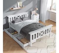 LULUWA Wooden Bed Frame with Drawers Single Storage Solid Pine Wood 3FT Guest for Adults Kids Teenagers (White 90x190cm) (White)