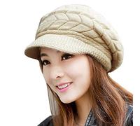 LULUZ Women's Knitted Hat Rabbit Fur Velvet Beanie Hat Ladies Winter Plus Warm Solid Color Baggy Hat Slouchy Hat with Visor Adorable Ski Cap Beige