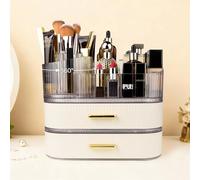 LUM9EX8 Makeup Organiser with 2 Large Drawers - 360 Rotating Makeup Organiser, Rotating Compartment 2 In 1 Cosmetic Storage, Makeup Organizer Storage for Dresser, Bathroom, Bedroom (Cream White)