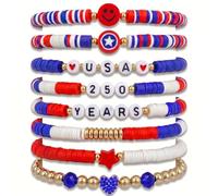 LumaBria 4th of July Patriotic Bracelets for Women Men, Red White and Blue Beaded Stretch Stackable Bracelet Set, Colorfast Independence Day Jewelry Accessories for Summer Beach & Parades, S, Vinyl