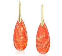 LumaBria Natural Healing Stone Fishhoop Dangle Drop Earrings Statement Gold silver earrings, CM, Imperial Pine, Chalcedony