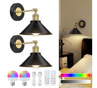 LumaBrite Battery Operated Wall Light, Rechargeable Wall Lights Indoor Wireless Wall Sconces Set of Two RGB Dimmable Industrial Battery Powered Wall Sconce with Remote for Bedroom Hallway