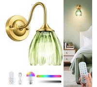 LumaBrite Battery Operated Wall Lights, 8000mAh Rechargeable Wall Lights Indoor RGB Dimmable Vintage Battery Powered Wall Sconce Wireless Wall Light for Living Room Green Tulip Glass Shade