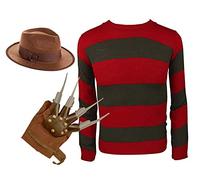 Lumaire® Men's Women's Red Green Stripe Knitted Jumper, Explore Hat, Claw Glove Set - Unisex Halloween Nightmare On Elm Street Fancy Dress Costume Outfit (XX-Large)