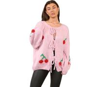 Lumaire® Women Front Tie Knitted Cherry Cardigans, Ladies Casual Warm Knitwear Long Sleeve Slouchy Short Cardigan Sweater Jumper Top (Pink, 8-16)