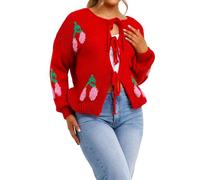 Lumaire® Women Front Tie Knitted Cherry Cardigans, Ladies Casual Warm Knitwear Long Sleeve Slouchy Short Cardigan Sweater Jumper Top (Red, 8-16)