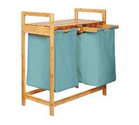 Lumaland Bamboo Laundry Basket with 2 Pull-Out Laundry Bags | Size Approx. 73 cm Height x 64 cm Width x 33 cm Depth, Colour: Light Blue