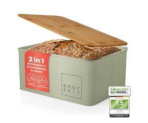 Lumaland Cuisine Bread Bin | Metal Lunch Box with Bamboo Lid | Bread Box Rectangular 30.5 x 23.5 x 14 cm | 2-in-1 Bread Container & Chopping Board [Mint Green]