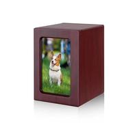 LumaTide Wood Pet Urn for Dogs Cats - Small Medium Large Pet Ashes Keepsake Box with Photo Frame, Red Brown Memorial Urn for Pet Ashes (M)