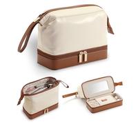 Lumayina 2-In-1 Jewelry Box and Makeup Bag with Mirror - Versatile Travel Jewelry Holder Organizer Cosmetic Bag, Portable Toiletry Bag with Integrated Jewelry Makeup Case for Women Men, White & Brown,