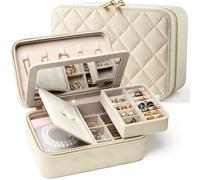 Lumayina Velvet Travel Jewelry Box with Large Mirror, Double-Layer Jewelry Organizer Case for Women and Girls, Portable Storage Case with 6 Anti-Tarnish Bags Gift Ready for Her (Beige)