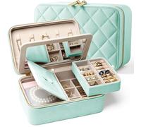 Lumayina Velvet Travel Jewelry Box with Large Mirror, Double-Layer Jewelry Organizer Case for Women and Girls, Portable Storage Case with 6 Anti-Tarnish Bags Gift Ready for Her (Mint Green)