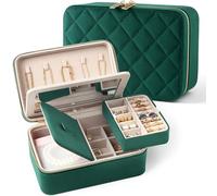 Lumayina Velvet Travel Jewelry Box with Large Mirror, Double-Layer Jewelry Organizer Case for Women and Girls, Portable Storage Case with 6 Anti-Tarnish Bags Gift Ready for Her (Emerald Green)