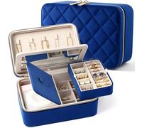 Lumayina Velvet Travel Jewelry Box with Large Mirror, Double-Layer Jewelry Organizer Case for Women and Girls, Portable Storage Case with 6 Anti-Tarnish Bags Gift Ready for Her (Navy Blue)