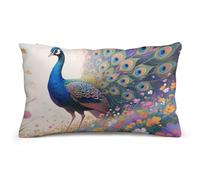 Lumbar Pillow Cover - Colorful Peacock in Flower Sea Double-Sided Printed Plush Cushion Case with Hidden Zipper, Decorative Throw Pillow Cover for Couch Bedroom Living Room Outdoor Use 8"x12"