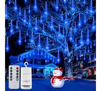LumBelle Christmas Meteor Shower Lights Battery Powered, Waterproof 144 LED Icicle Snow Falling Lights with Remote Timer Raindrop Light for Tree Yard Patio Christmas Party Outdoor Decor(Blue)