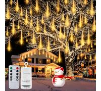 LumBelle Christmas Meteor Shower Lights Battery Powered, Waterproof 192 LED Icicle Snow Falling Lights with Remote Timer Raindrop Light for Tree Yard Patio Christmas Party Outdoor Decor(Warm White)