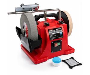 Lumberjack 200mm Whetstone Sharpener Wet Bench Grinder & Chisel Sharpener | 200mm whetstone sharpener with 220 grit water-cooled wheel and leather honing wheel for precise, smooth sharpening.