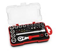 Lumberjack 25pc 1/4" Drive Socket Set Ratchet Bits CR-V Case for DIY | 25-piece 1/4" drive socket and bit set with 72-tooth ratchet, CR-V sockets, extension bar and sturdy carry case.