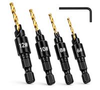 Lumberjack Countersink Drill Bit, 4 Pieces Hex Shank HSS Bits Screw Reaming | HSS countersink drill bit set with adjustable depth 1/4" quick change hex shank and No6 No8 No10 & No12 sizes