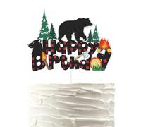 Lumberjack Happy Birthday Cake Topper,Bear Happy Birthday Cake Topper,Buffalo Plaid Camping Wild Bear Birthday Cake Decor,1st Theme Baby Birthday Party Decorations.