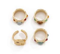 Lume&Thread 4 PCS Gold Ring Set Women's Stacking Crystal Rhinestone Statement Thick Set Adjustable Open Geometric Wrap Rings Fashion Jewelry Accessories (Gold)