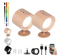 Lumeflex 360 Cordless Smart Wall Light with Controller - Glowright Indoor LED Halo Lux, 3 Color Temperatures, Dimmable, Versatile Design for Any Space (Wood Finish, 2-Pack)