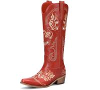 Lumeheel Ladies Wide Calf Knee High Western Cowgirl Boots Sparkly Rhinestone Retro Classic Embroidery Pointed Toe Chunky Heel Cowboy Boots, Red Excursion Plain Getaway Solids, 5 UK