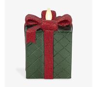 Luminara Flameless Candle Green Gift Box with Glitter Red Ribbon Moving Flame LED Candle Unscented Real Wax (3" x 4.25")