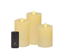 Luminara Realistic Flameless LED Set of 3 Ivory Pillar Candles, Home Safe Moving Flame Melted Top Illumination, Battery Operated Remote Control w/Timer