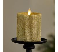 Luminara Rich Gold Glitter Ribbed Flameless LED Candle Moving Flame Pillar, Real Wax, Flat Top, Timer (3.25" x 4.5")