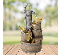 Lumineo outdoor robin water fountain - garden water feature - robins on barrels - warm white LEDs - mains powered small outdoor fountain.