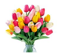 LuminescentDream 15pcs Artificial Tulips Flowers,Decorative Plastic Faux Fake Flowers,15 Colors,UV Protection,with Green Leaves,for DIY,Wedding,Home （Without Vase）