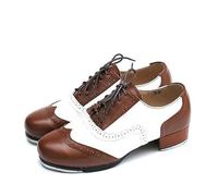 LuminescentDream Girls Tap Dancing Shoes,Beginner Tap Dance Shoe,Soft Leather Jazz Shoe,Breathable Lightweight and Comfortable Dance Shoes,for Stage Performances Brown White