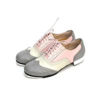 LuminescentDream Girls Tap Dancing Shoes,Beginner Tap Dance Shoe,Soft Leather Jazz Shoe,Breathable Lightweight and Comfortable Dance Shoes,for Stage Performances Pink Gray