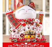 LuminescentDream Lucky Fortune Cat, 11" Beckoning Ceramic Maneki Neko, Large Japanese Lucky Cat, Chinese Feng Shui Decoration, Automatic Swing Arm, for Shops, Restaurants, Living Room
