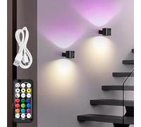 LuminexDesigns 2-Pack Rechargeable LED Wall Light, Wireless No-Drill RGB Lamp Black, Stick-On Indoor Cordless Sconce with Touch Dimming & Remote Control Timing for Bedside Bedroom Picture AURI WL01