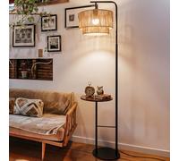 LuminexDesigns Rattan Floor Lamp Boho with Shelf & Adjustable Lamp Head | Rustic E27 Standing Lamp with Tiered Double-Layer, Vintage Tall 170cm, 30cm Base for Living Room, Bedroom, Sofa WOVI FL12