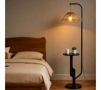 LuminexDesigns Rattan Floor Lamp with Shelf, Boho E27 Standing Lamp with Woven Lampshade, 3 Colour Temperatures by Foot Switch, H175 cm for Living Room Bedroom Corner WOVI FL15